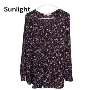 Loft Womens Floral Dark Burgundy Button-Down Blouse Sz L Long Sleeve Lightweight